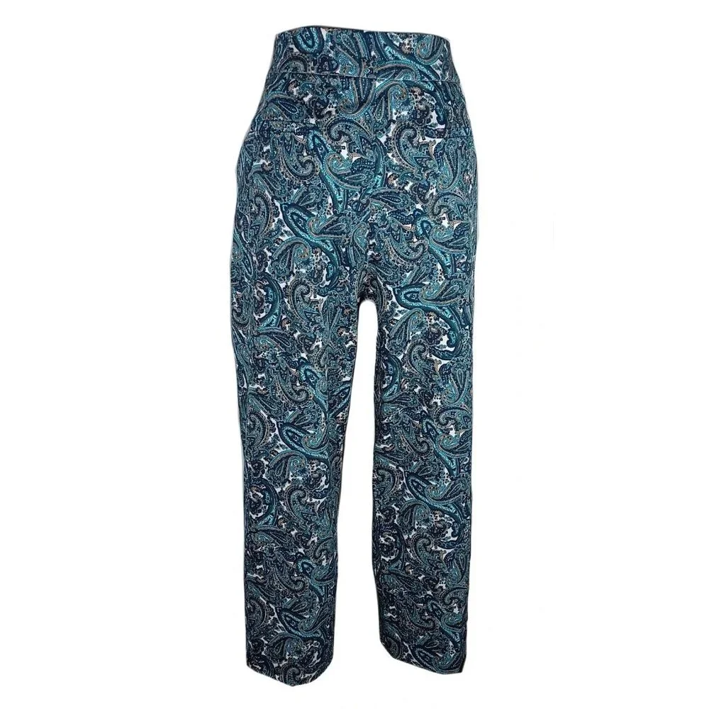 Michael Kors Plus Size Paisley Capri Pants 16W Midnight Blue Stretch New No Tags - Picture 3 of 8